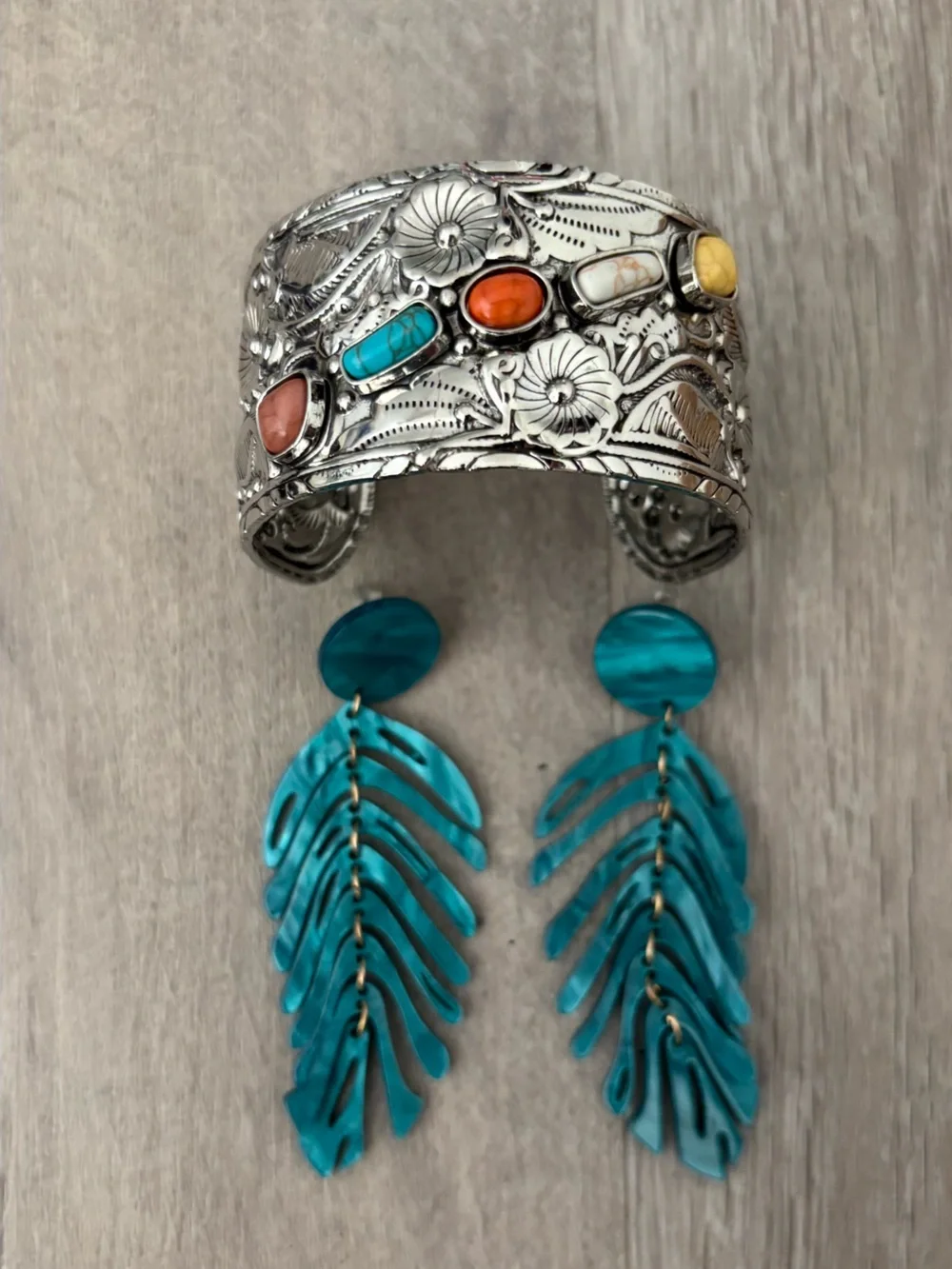 Turquoise Leaf Drop Earrings & Silver Multi-Stone Cuff Bracelet Set